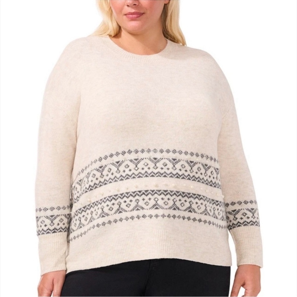 CeCe Fair Isle Embellished Cream and Gray Sweater, Size 1X - NWT